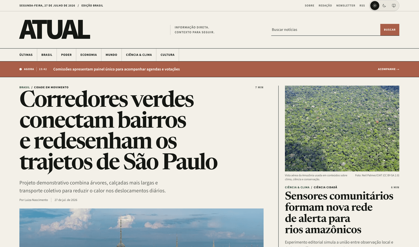 Página inicial do portal de notícias Atual exibindo manchetes e layout editorial moderno.
